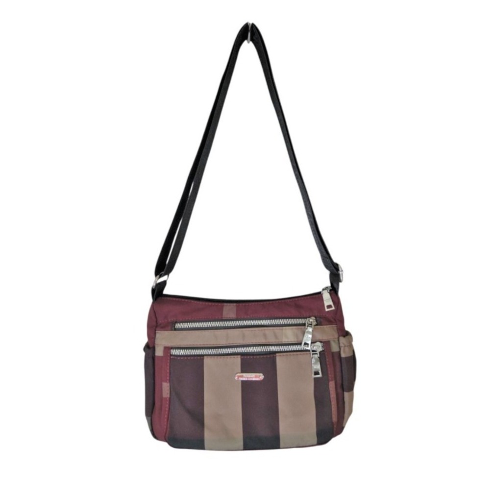 Yuesite Nylon Handbag Burgundy Tan‎ Shoulder Crossbody Adjustable Pockets Zipper